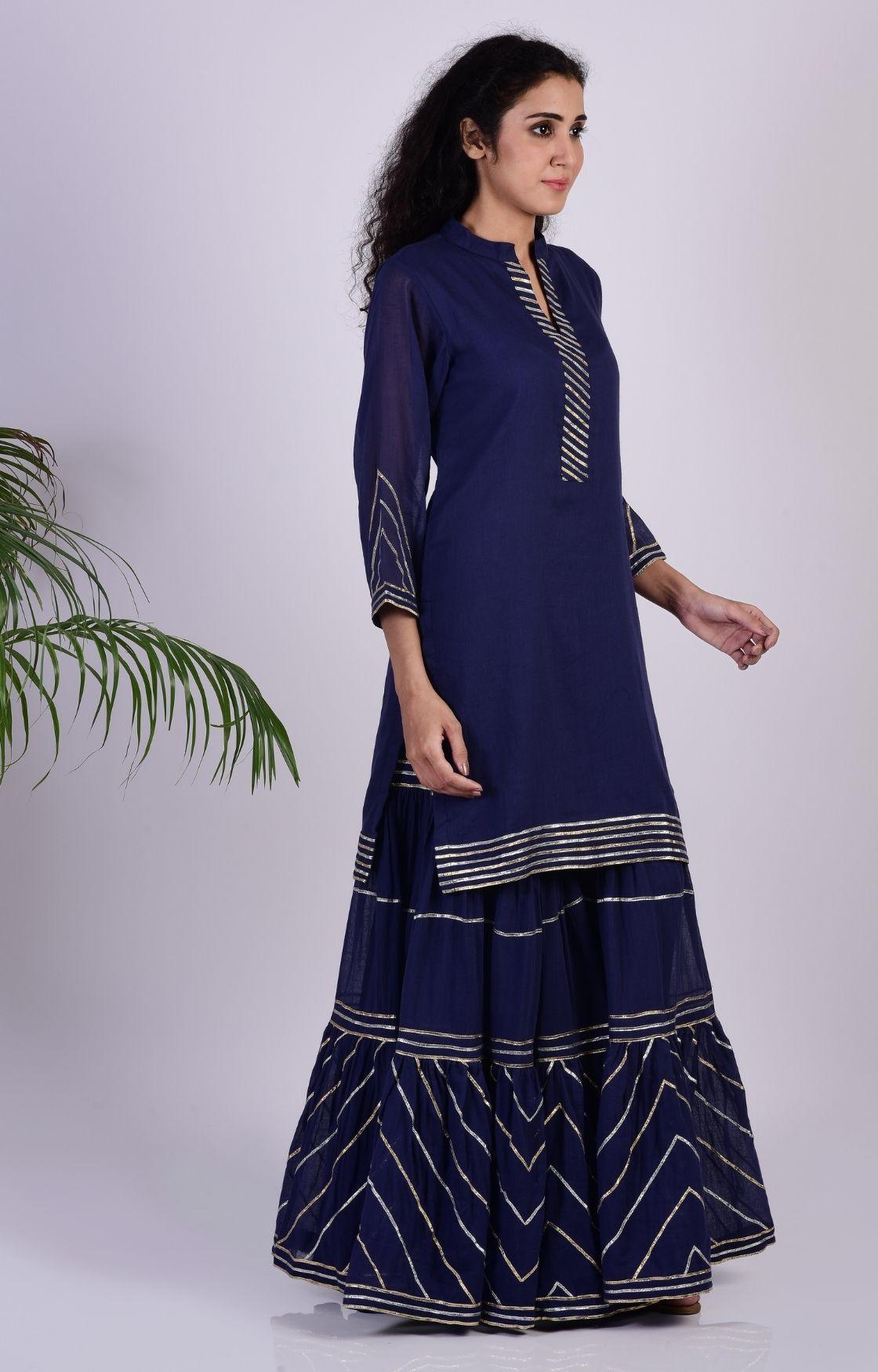 Navy Blue Zig Zag Gota Sharara Set