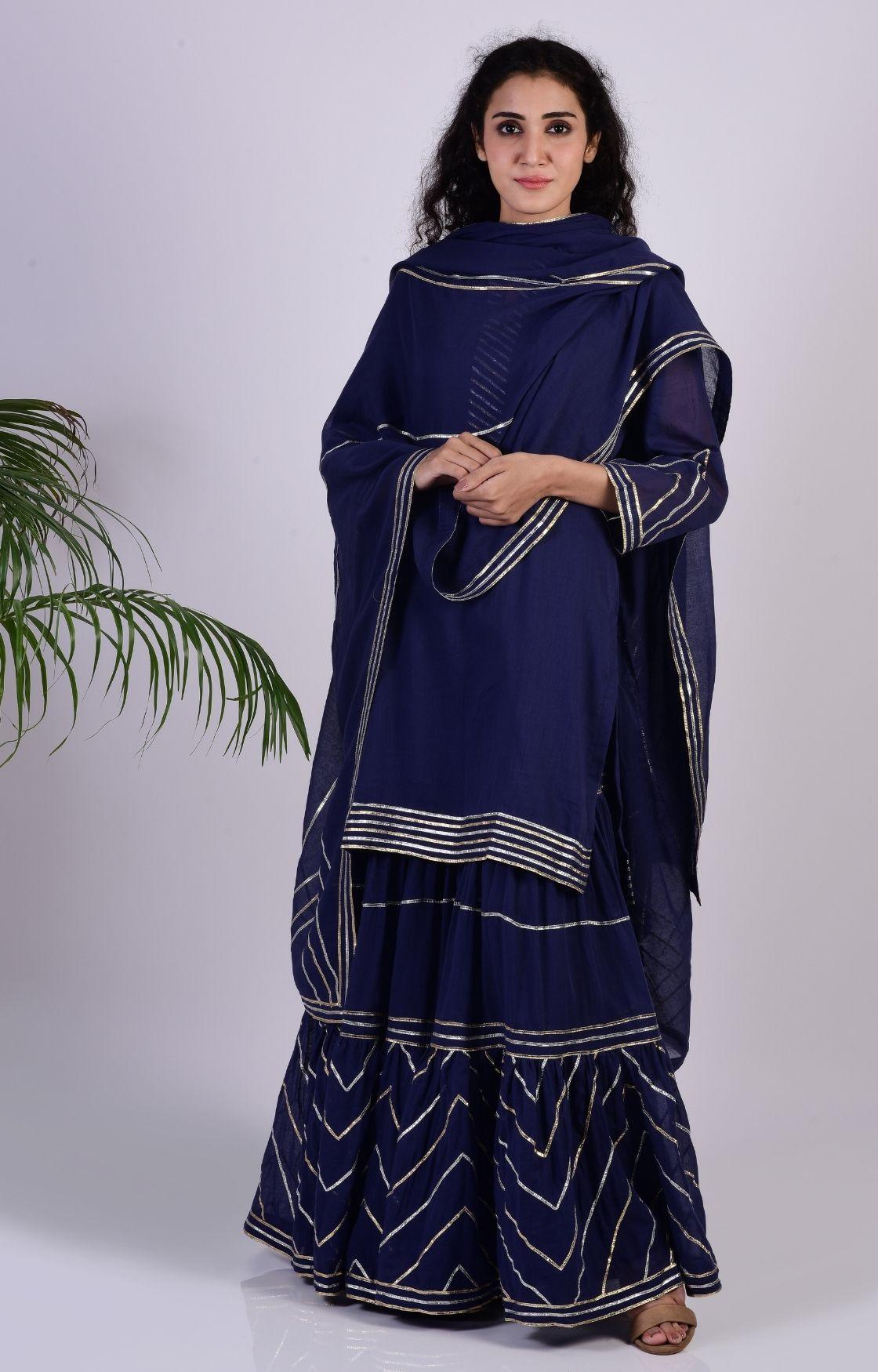 Navy Blue Zig Zag Gota Sharara Set