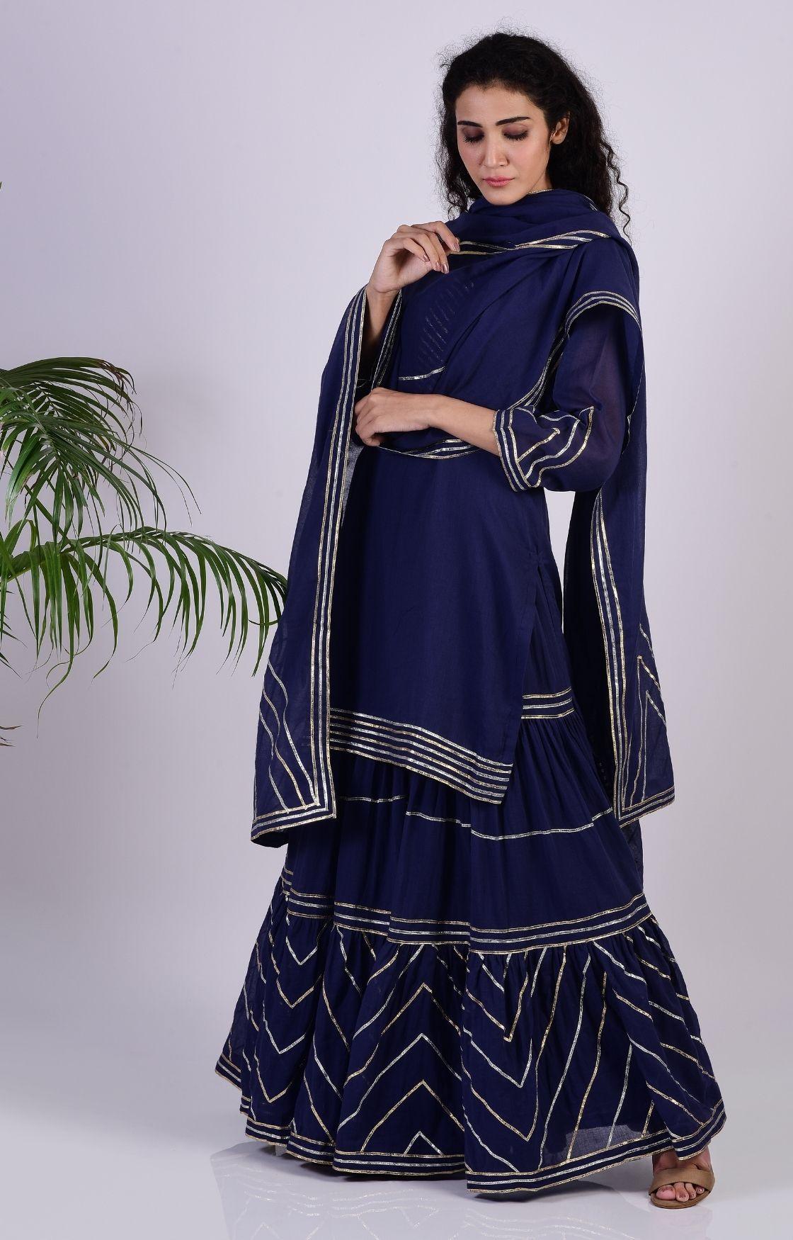 Navy Blue Zig Zag Gota Sharara Set