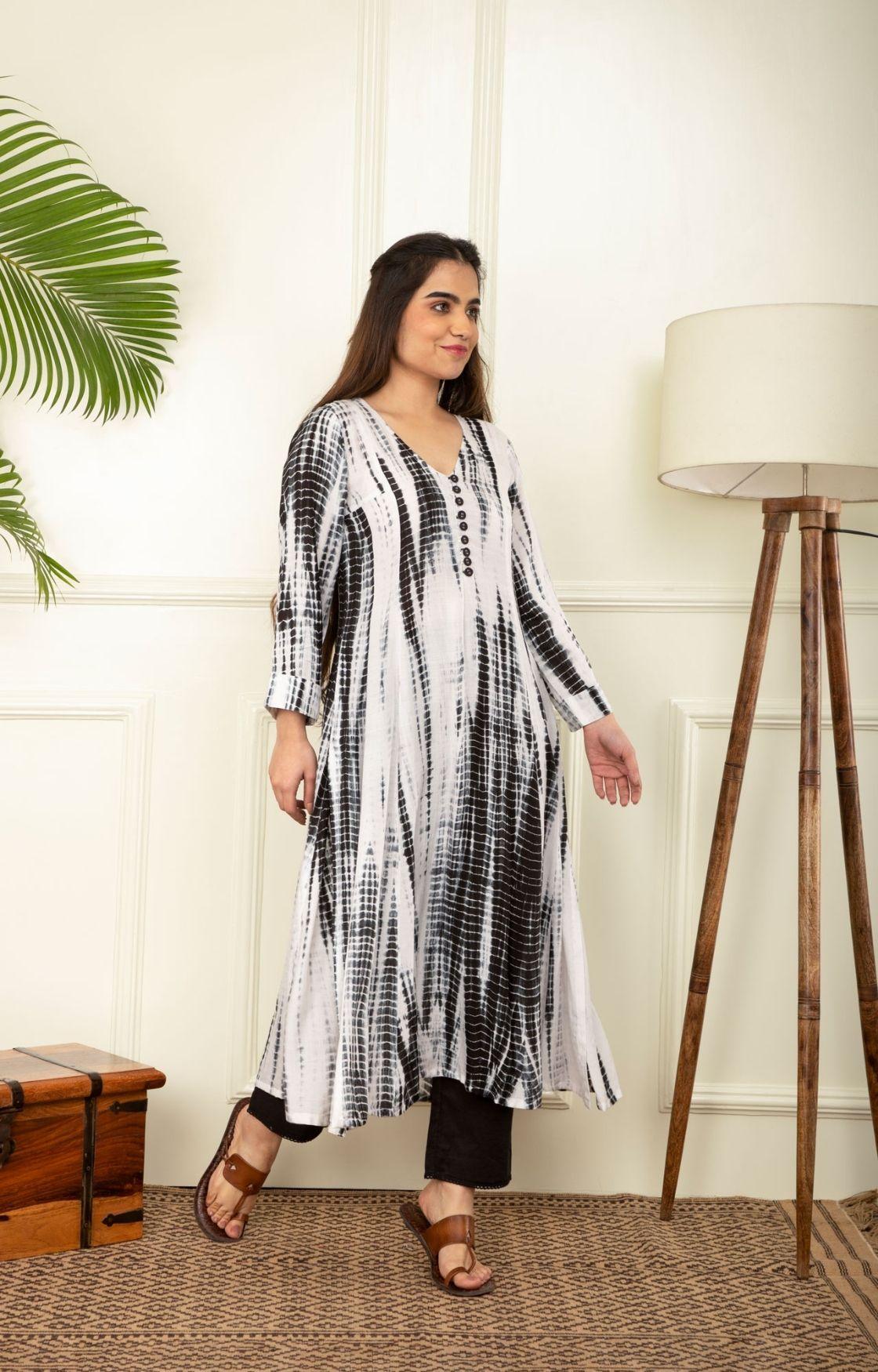 Black And White Rope Tie Dye Kurta Set