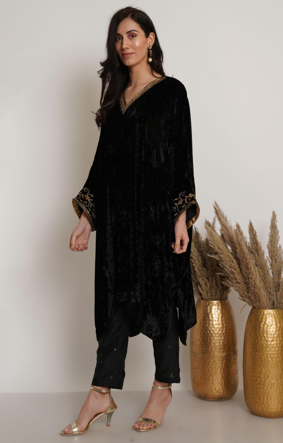 Black Velvet Embroidered Kaftan Set of 2