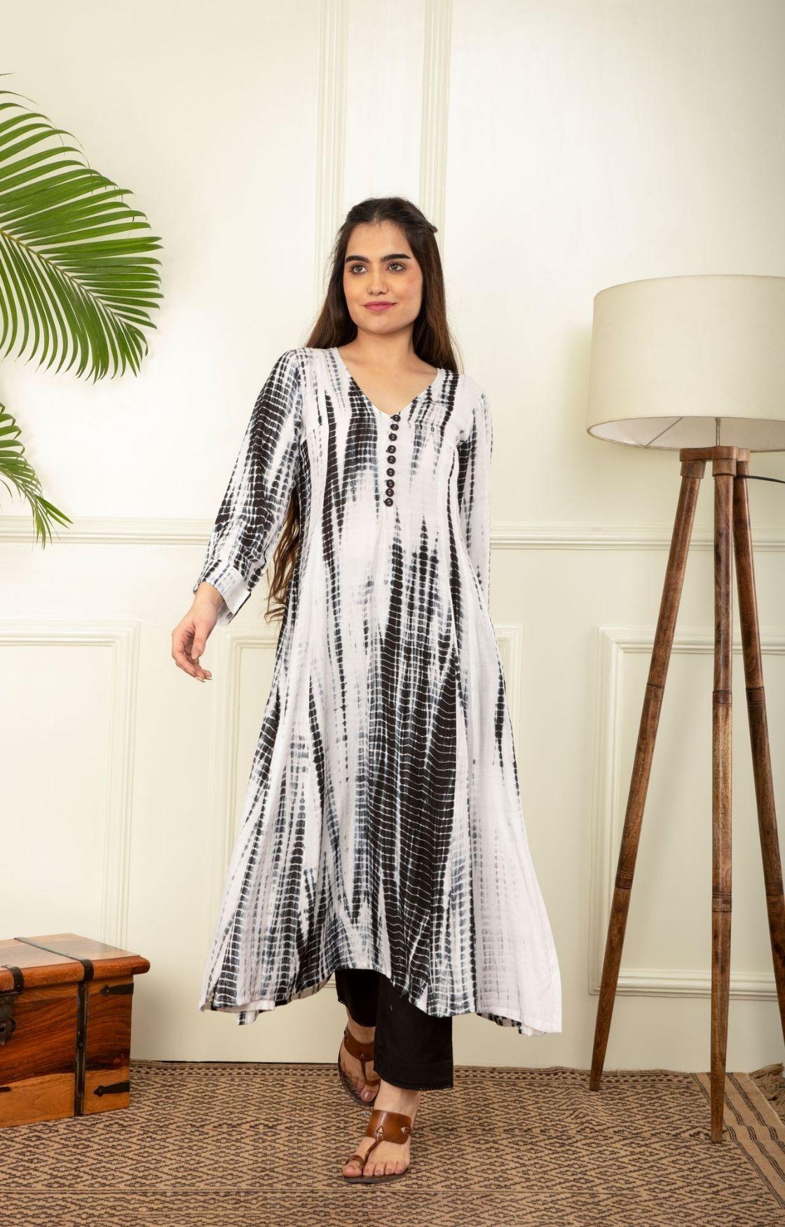 Black And White Rope Tie Dye Kurta Set