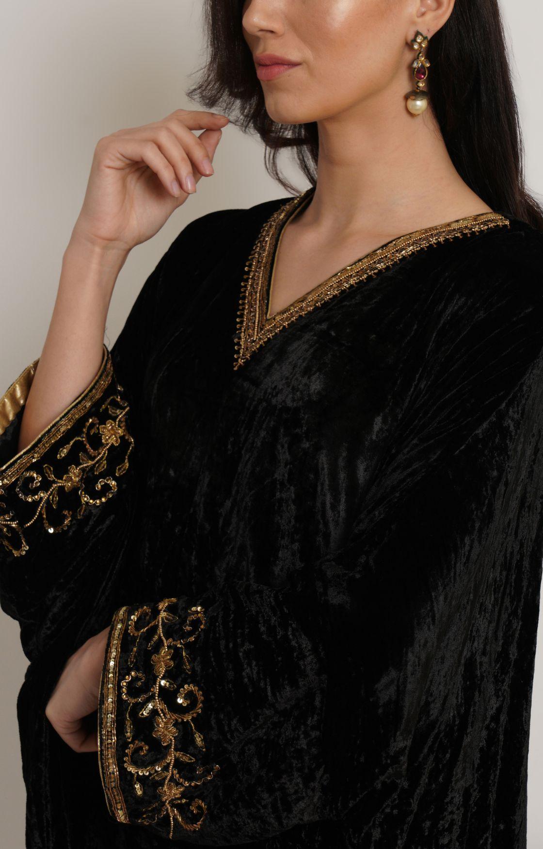 Black Velvet Embroidered Kaftan Set of 2