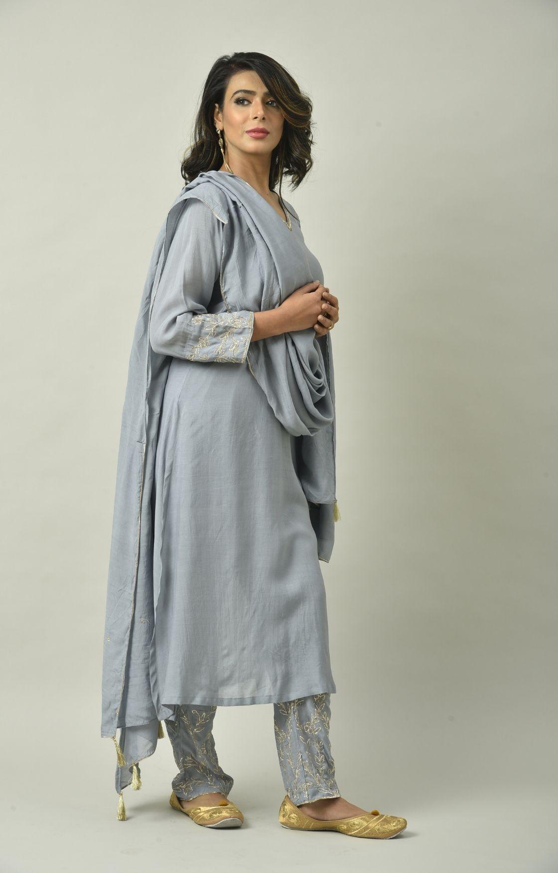 Grey Naksi Hand Embroidery Kurta Set