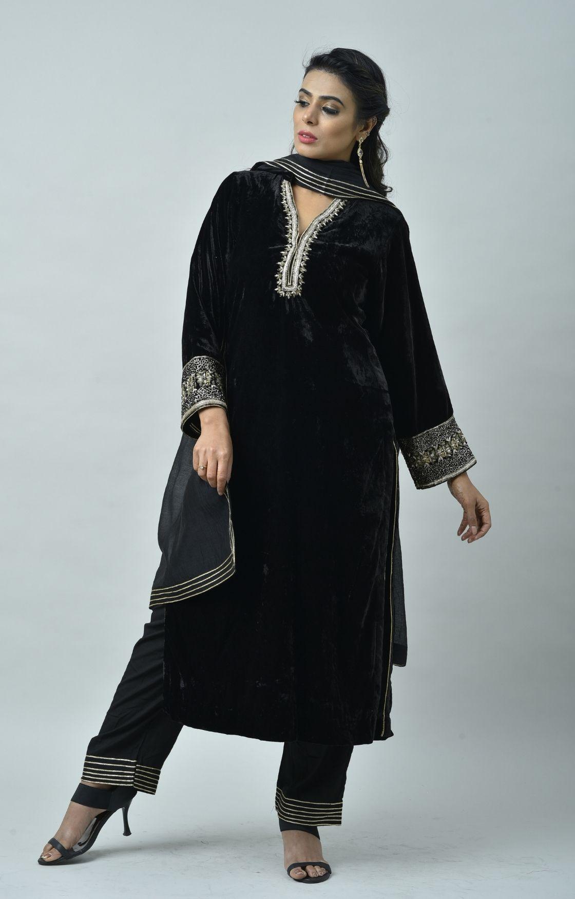Black Velvet Kurta Set of 3