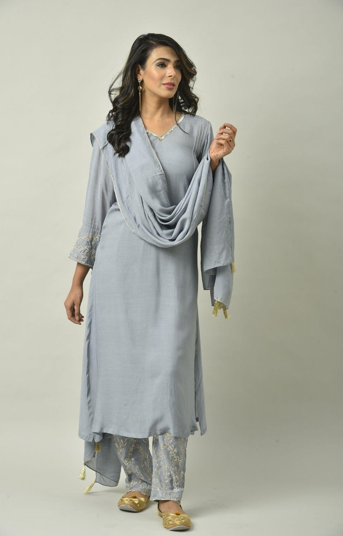 Grey Naksi Hand Embroidery Kurta Set