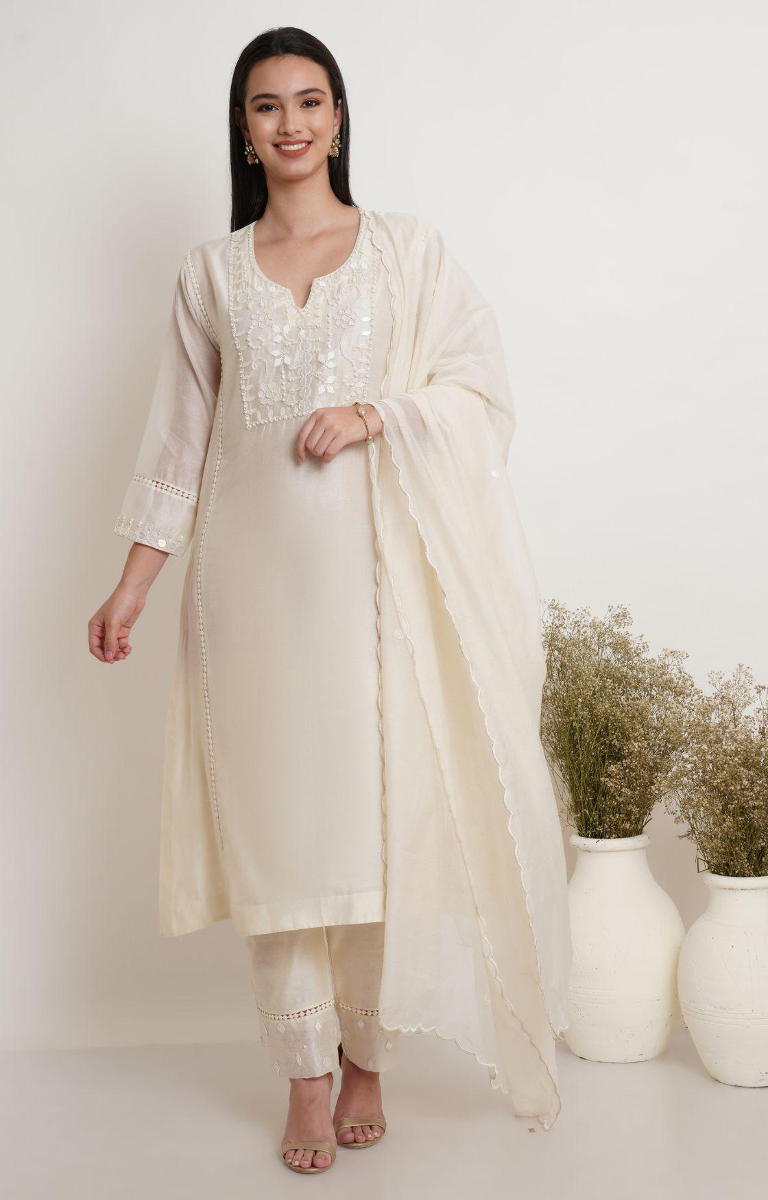 Off White Tonal Embroidery Kurta Set