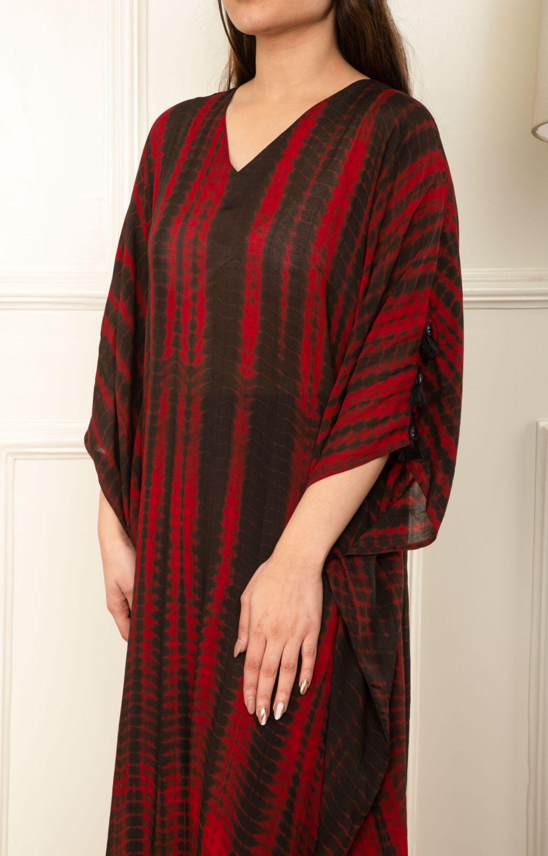 Red And Black Rope Tie Dye Cowl Kaftan