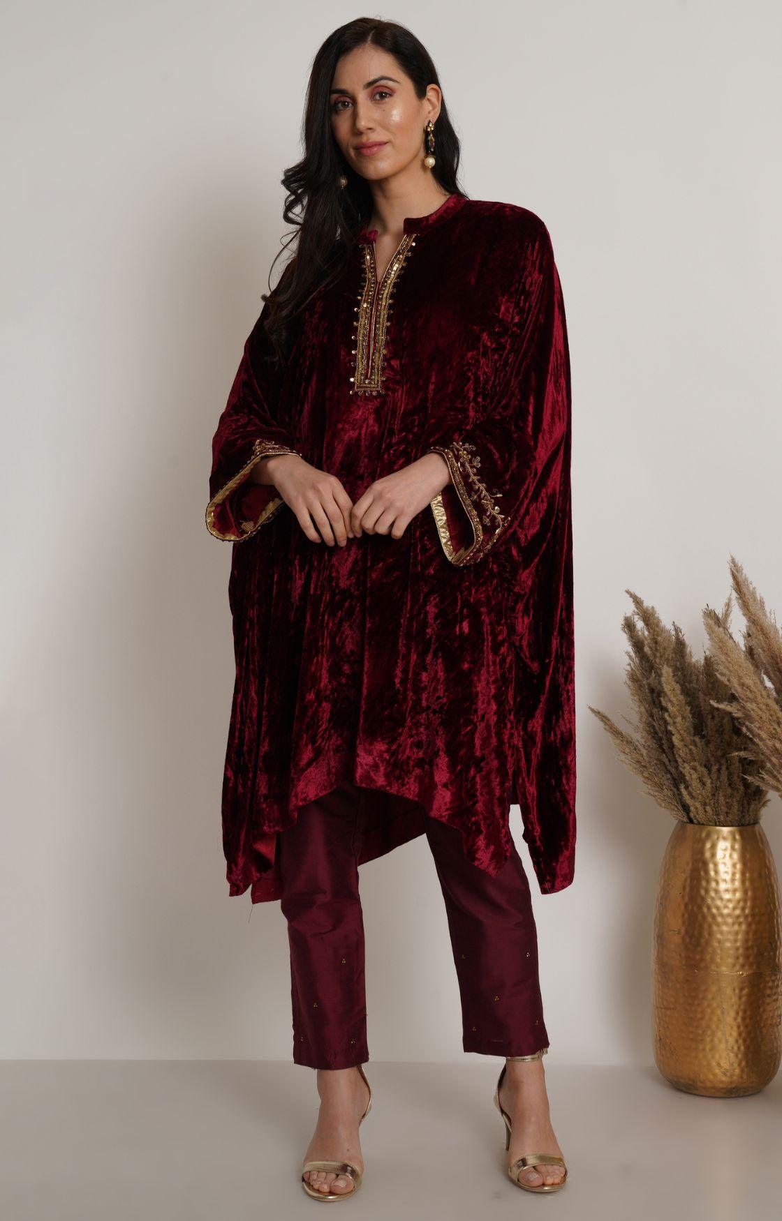 Maroon Embroidered Velvet Kaftan Set of 2