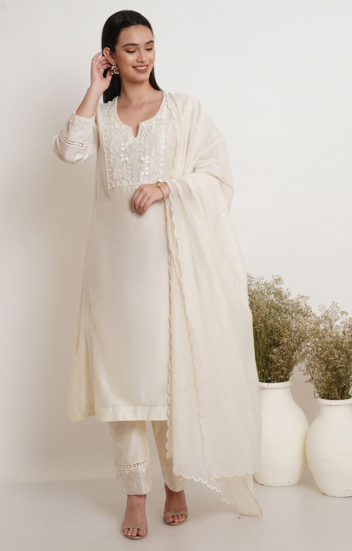 Off White Tonal Embroidery Kurta Set