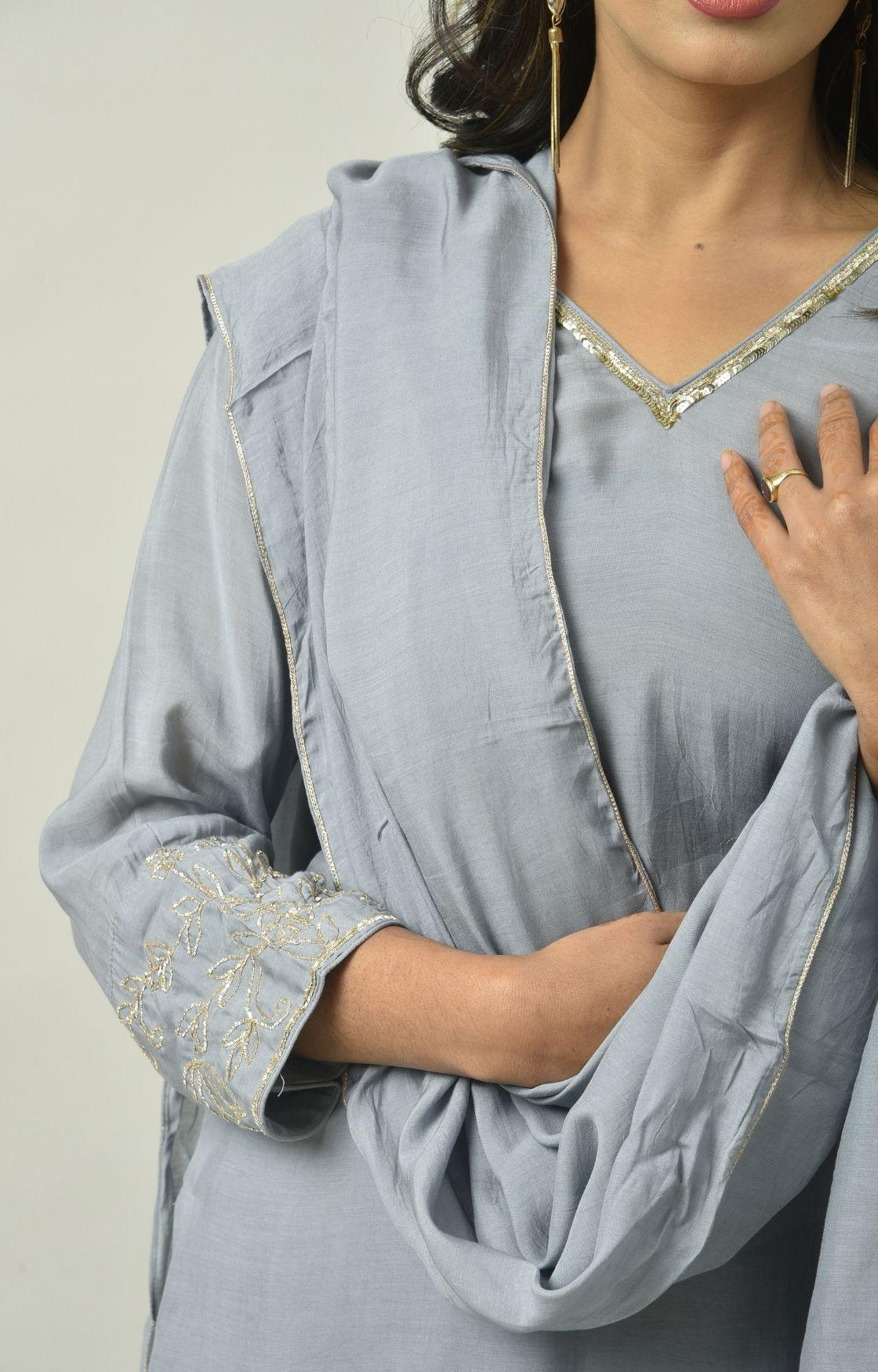 Grey Naksi Hand Embroidery Kurta Set