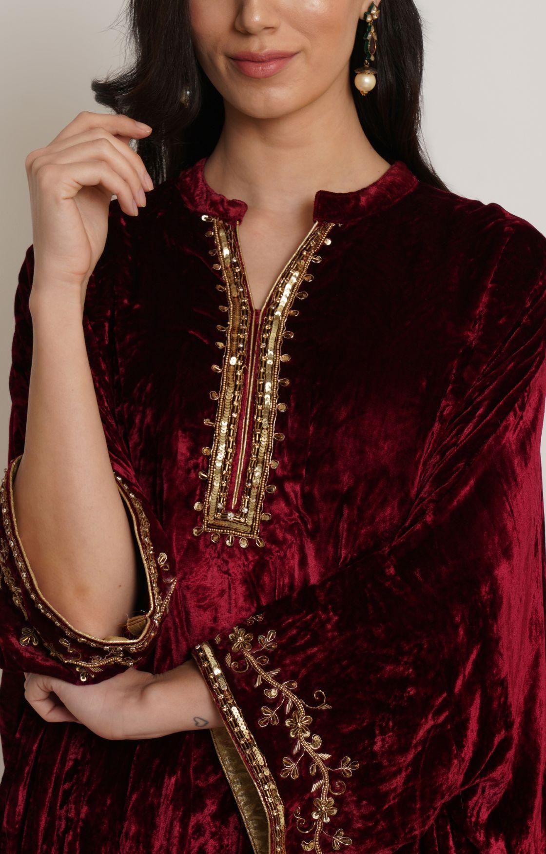 Maroon Embroidered Velvet Kaftan Set of 2