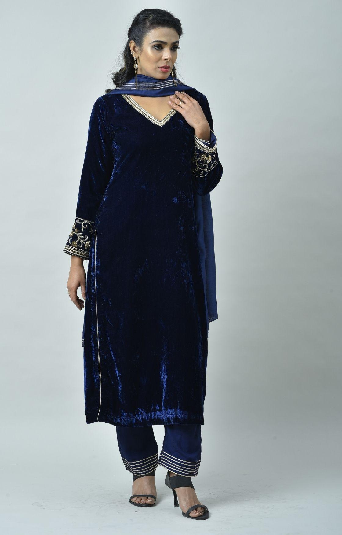 Navy Blue Embroidered Velvet Kurta Set of 3