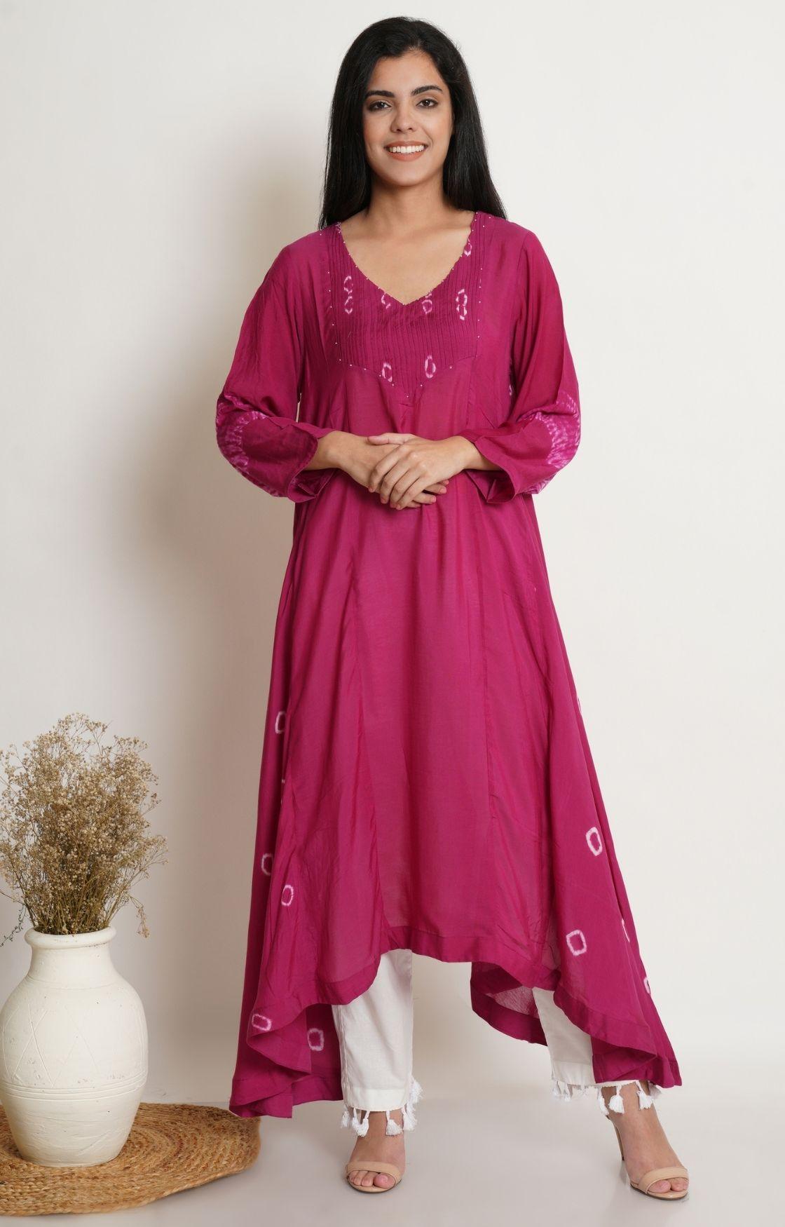 Pink Bandhani Yoke Kalidar Kurta Set