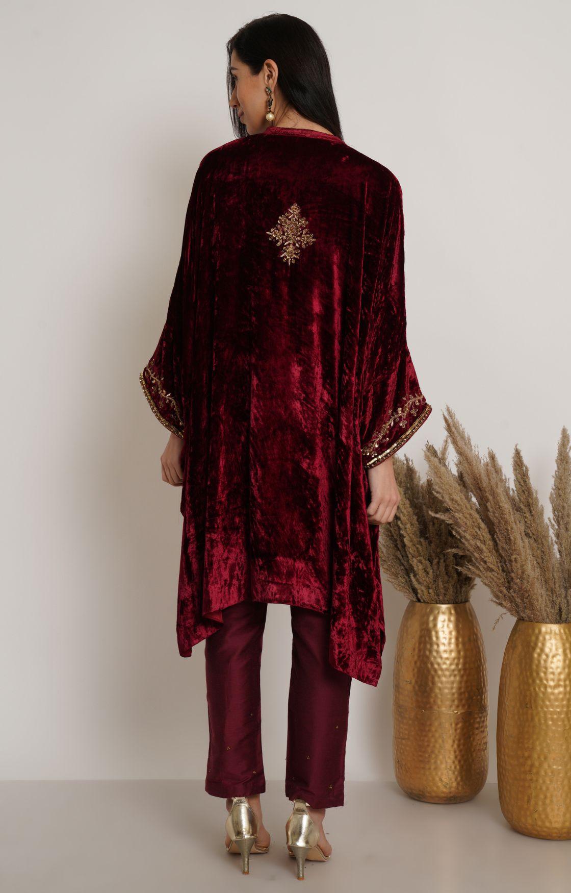 Maroon Embroidered Velvet Kaftan Set of 2