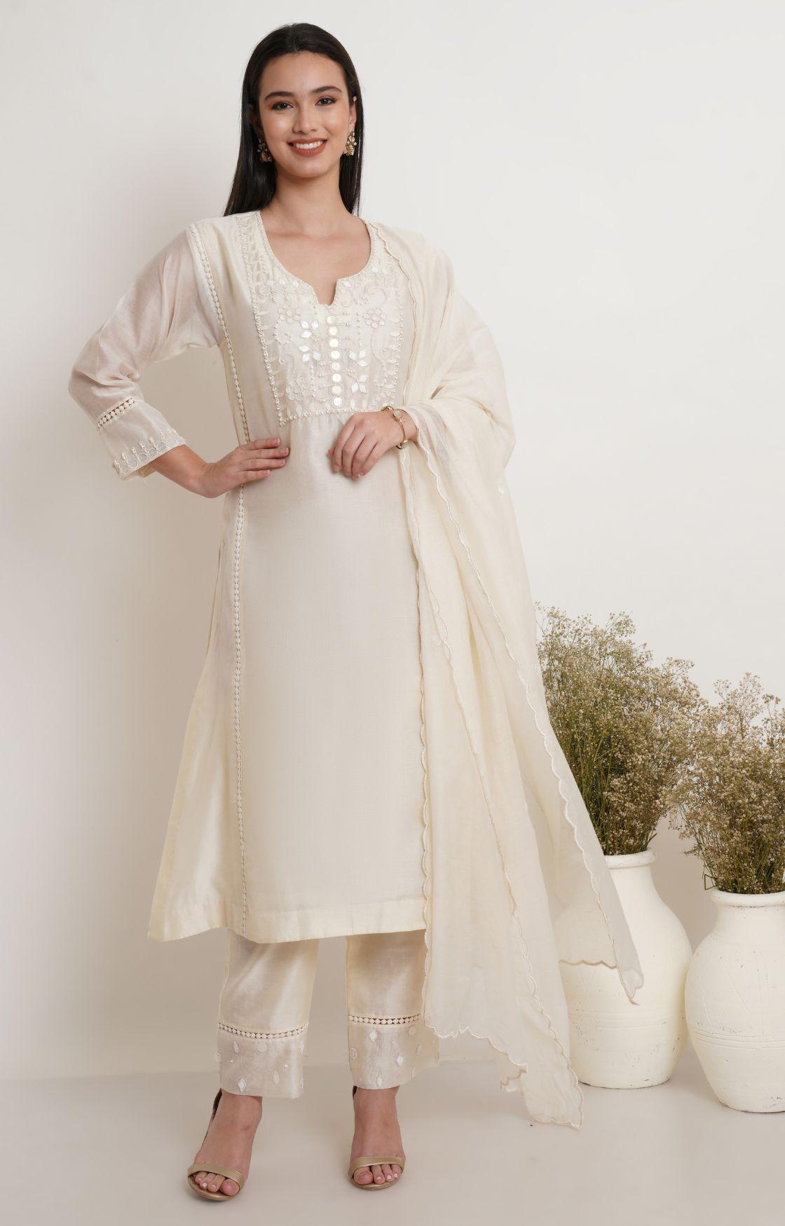 Off White Tonal Embroidery Kurta Set
