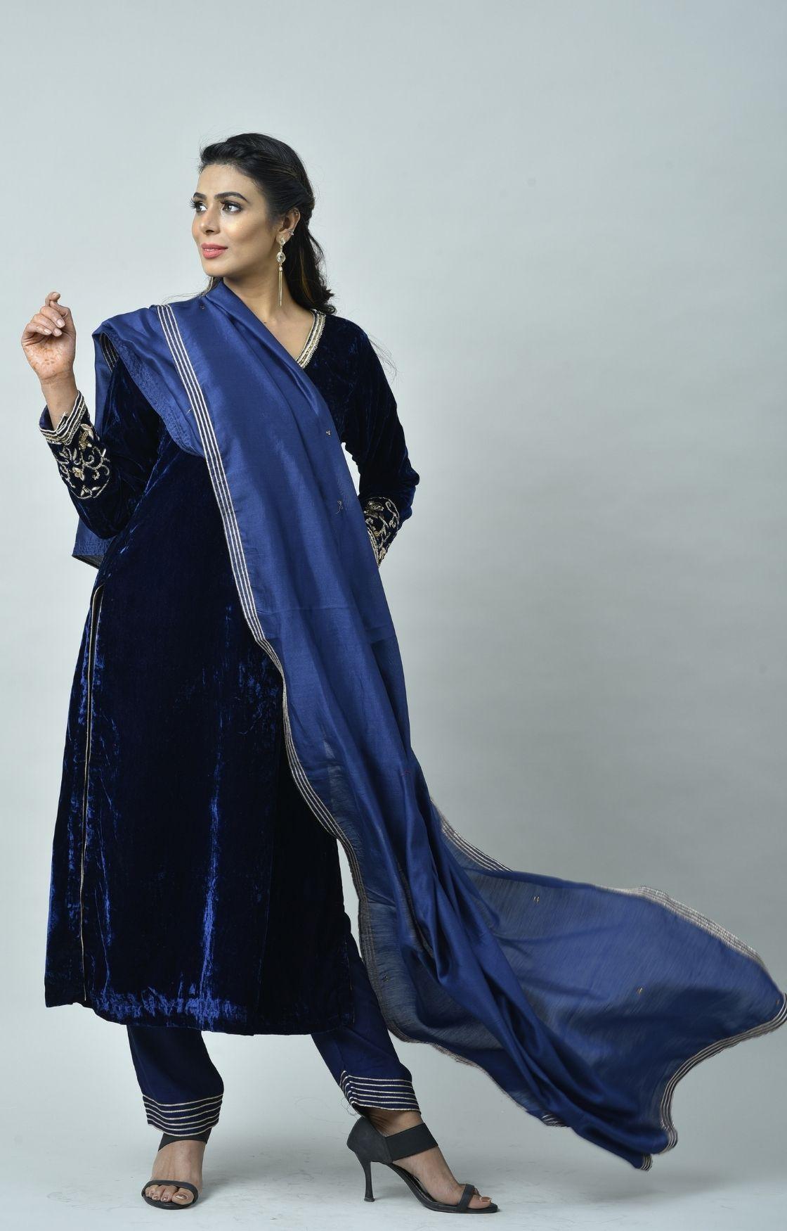 Navy Blue Embroidered Velvet Kurta Set of 3