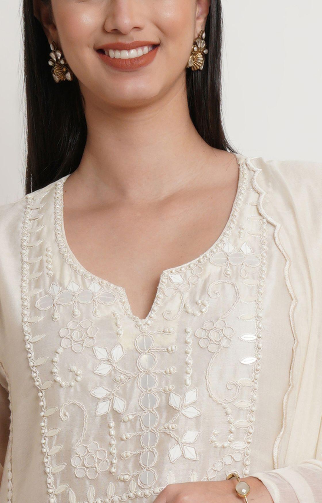 Off White Tonal Embroidery Kurta Set