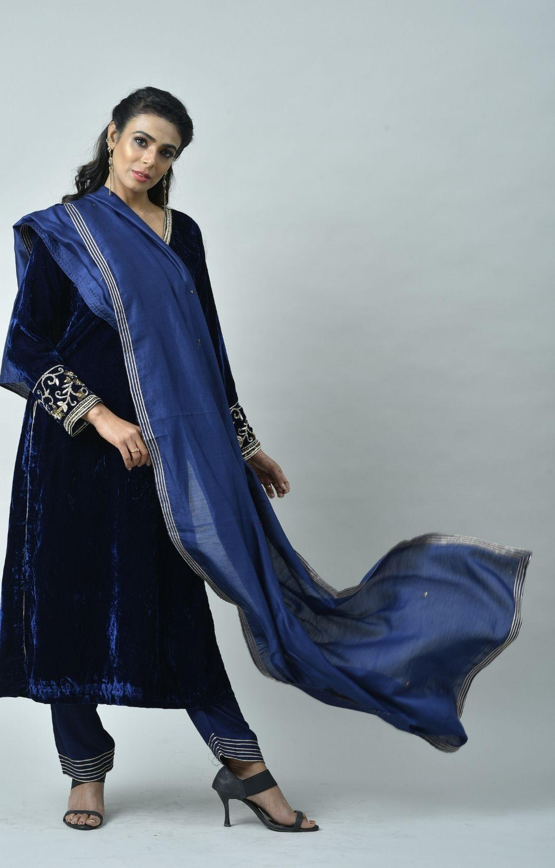 Navy Blue Embroidered Velvet Kurta Set of 3