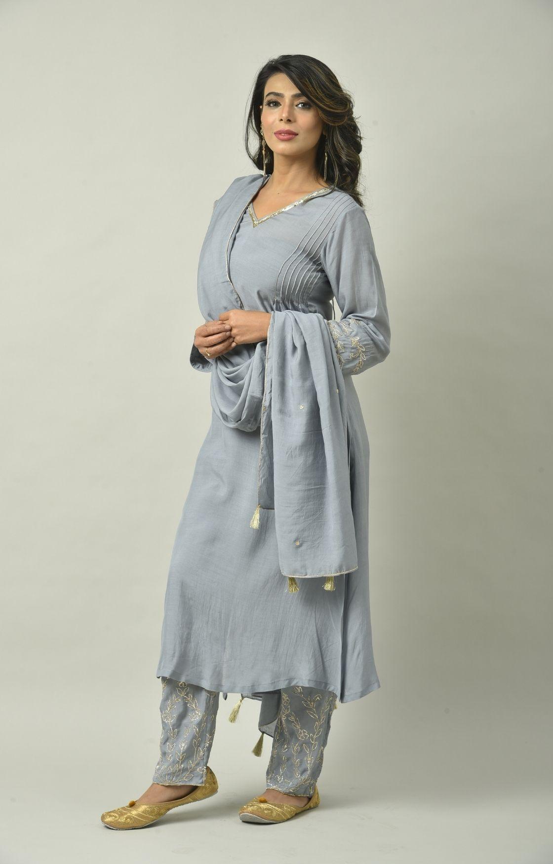 Grey Naksi Hand Embroidery Kurta Set