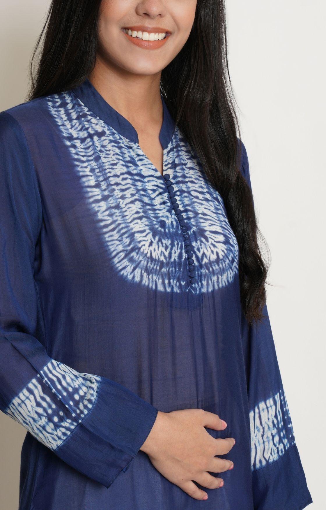 Royal Blue Shibori Yoke Kurta Set