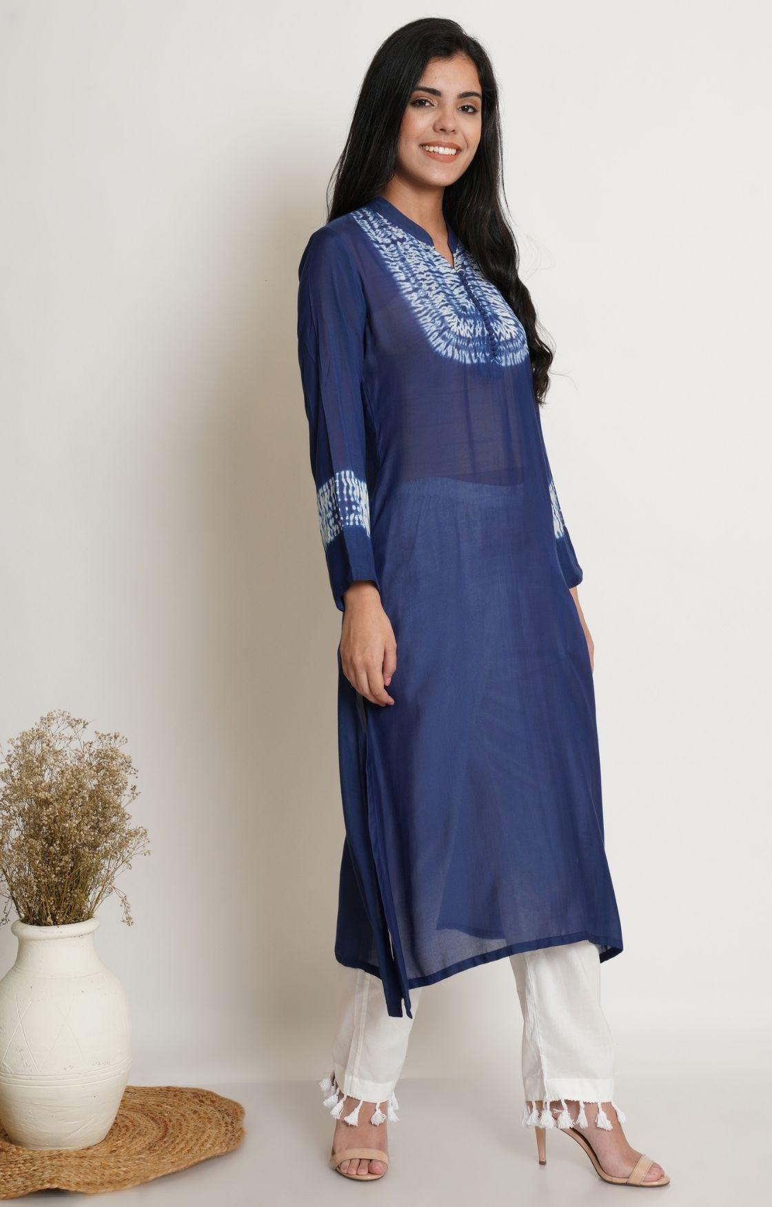 Royal Blue Shibori Yoke Kurta Set