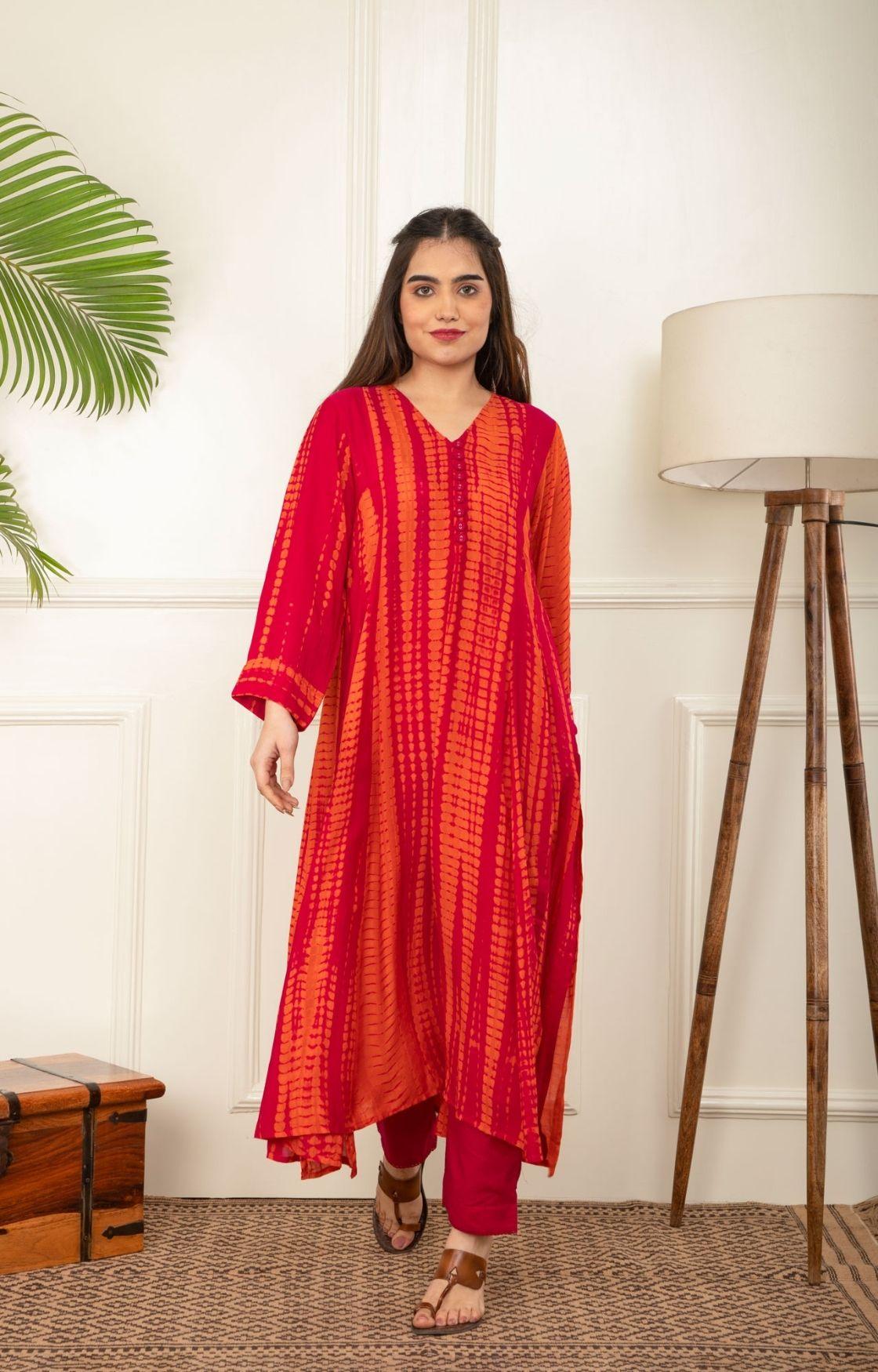 Orange And Pink Rope Tie Dye Kurta Set