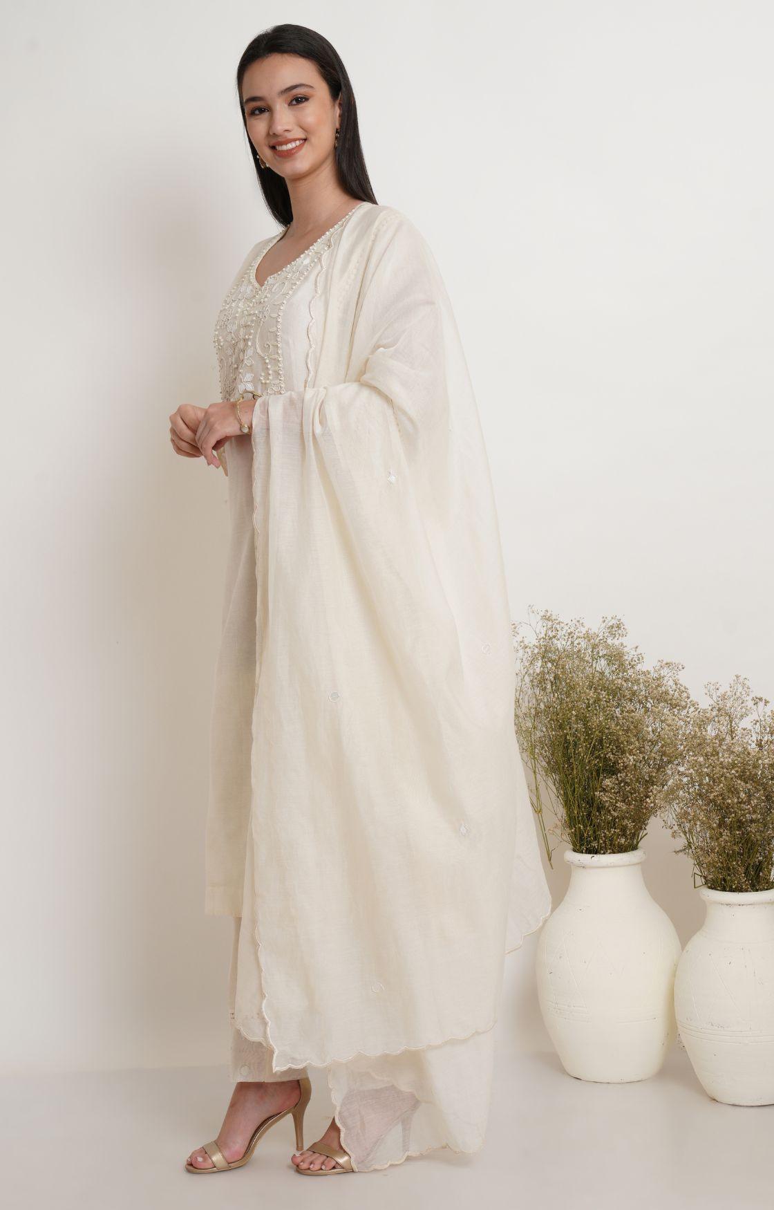 Off White Tonal Embroidery Kurta Set