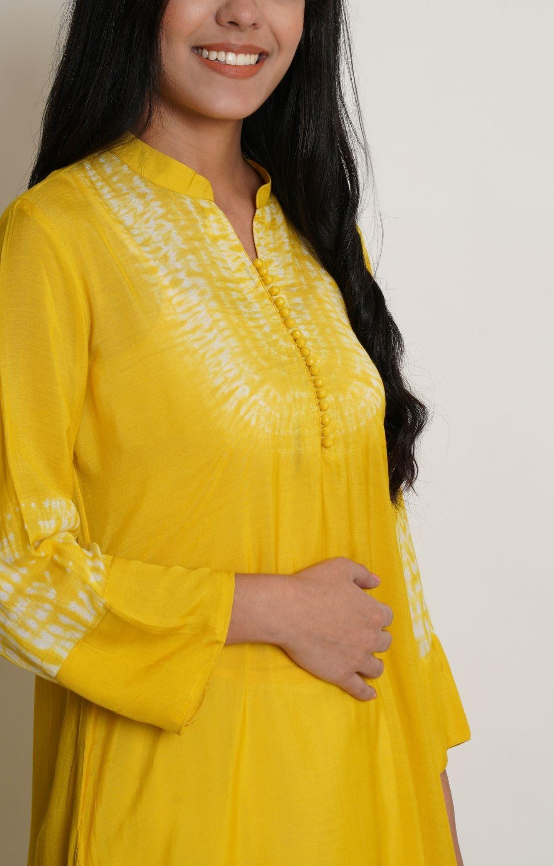 Yellow Shibori Yoke Kurta Set