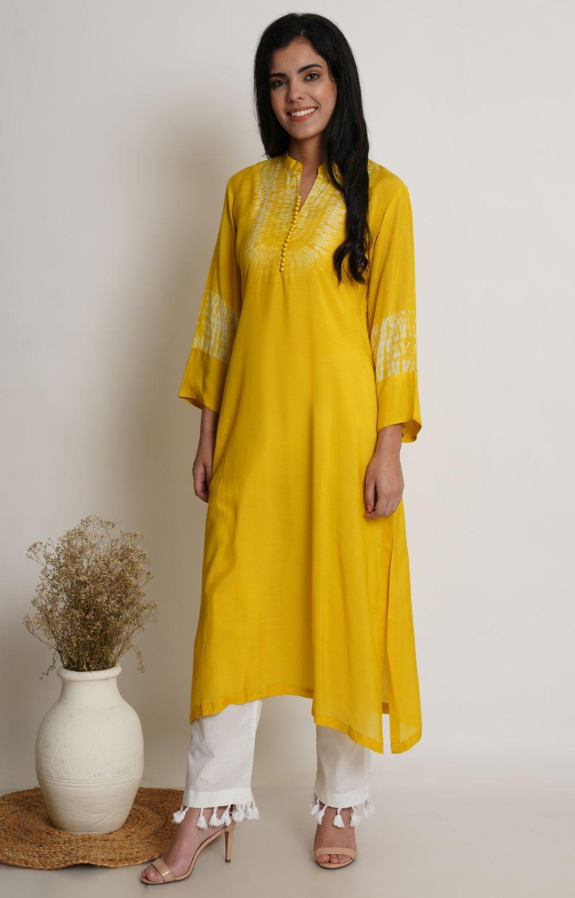 Yellow Shibori Yoke Kurta Set