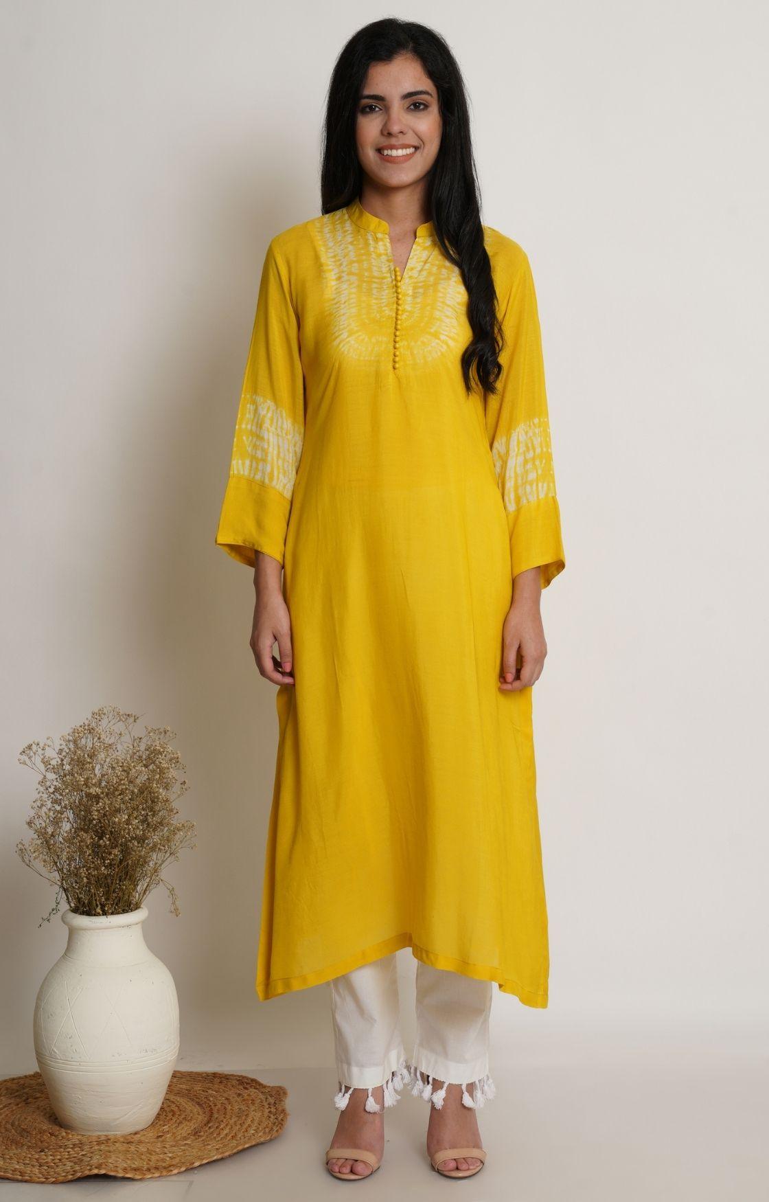 Yellow Shibori Yoke Kurta Set