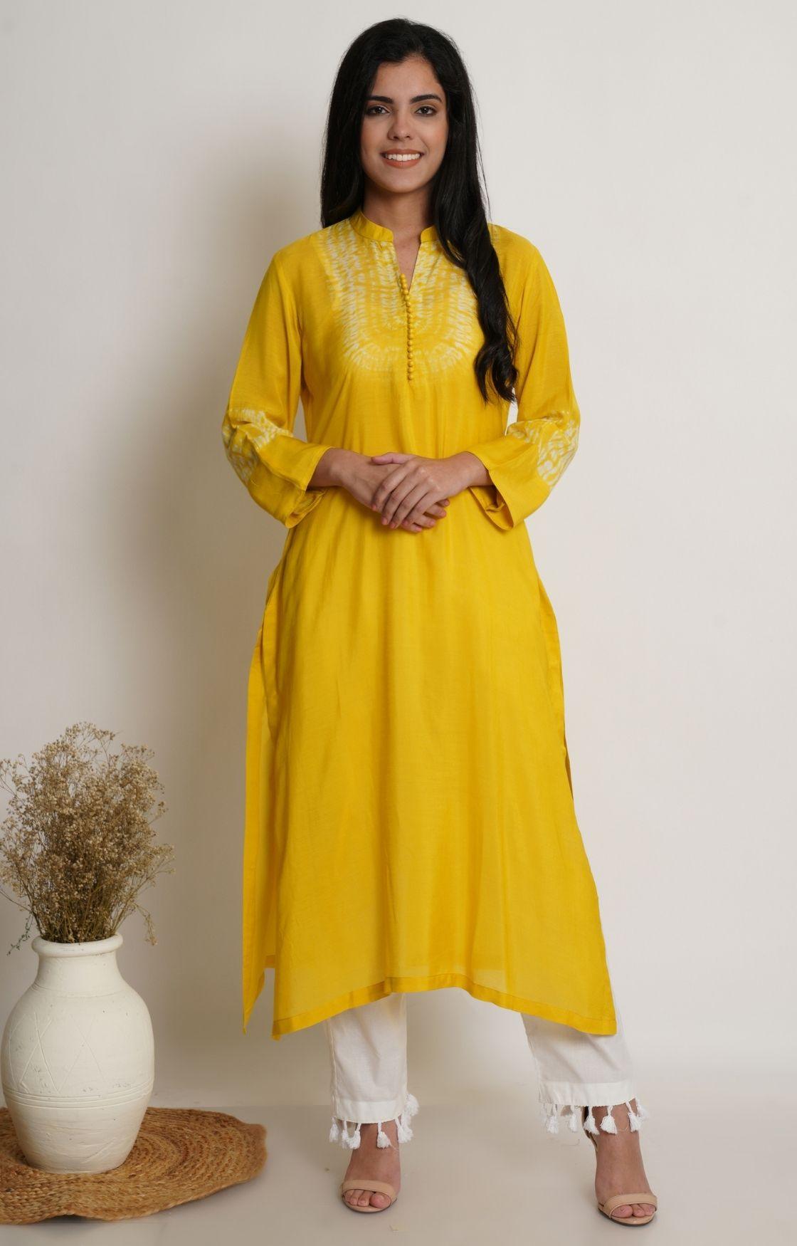 Yellow Shibori Yoke Kurta Set