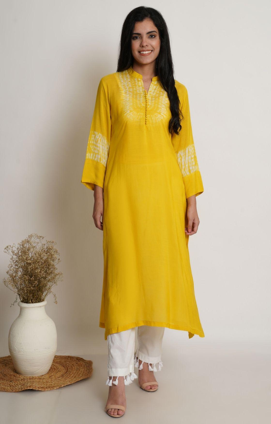 Yellow Shibori Yoke Kurta Set