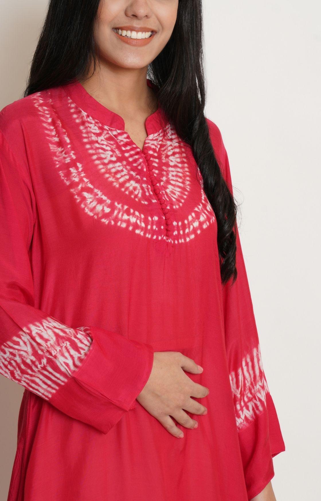 Red Shibori Yoke Kurta Set
