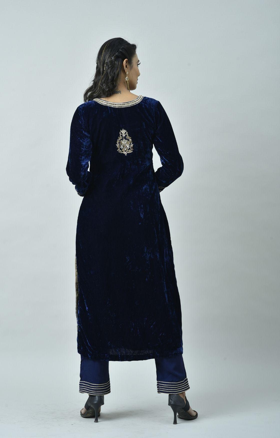 Navy Blue Embroidered Velvet Kurta Set  of 3