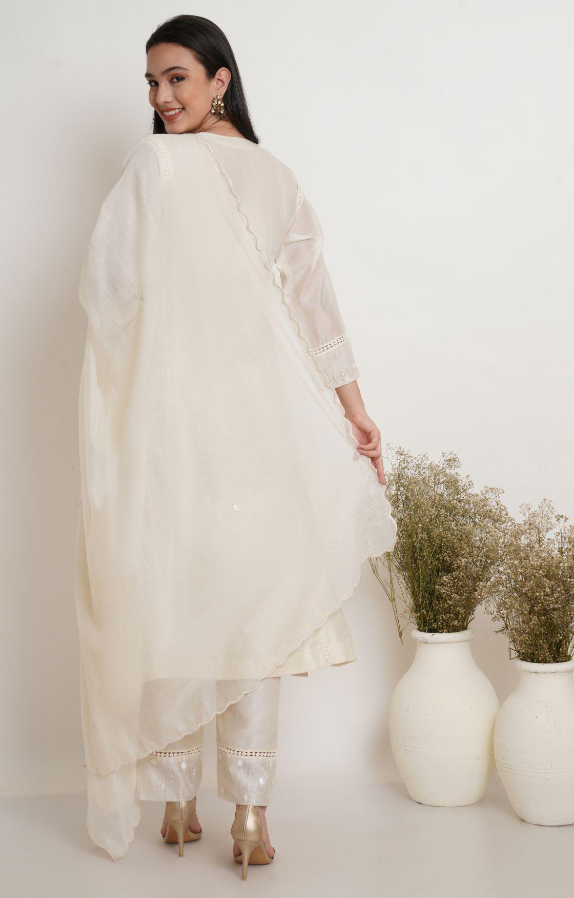 Off White Tonal Embroidery Kurta Set