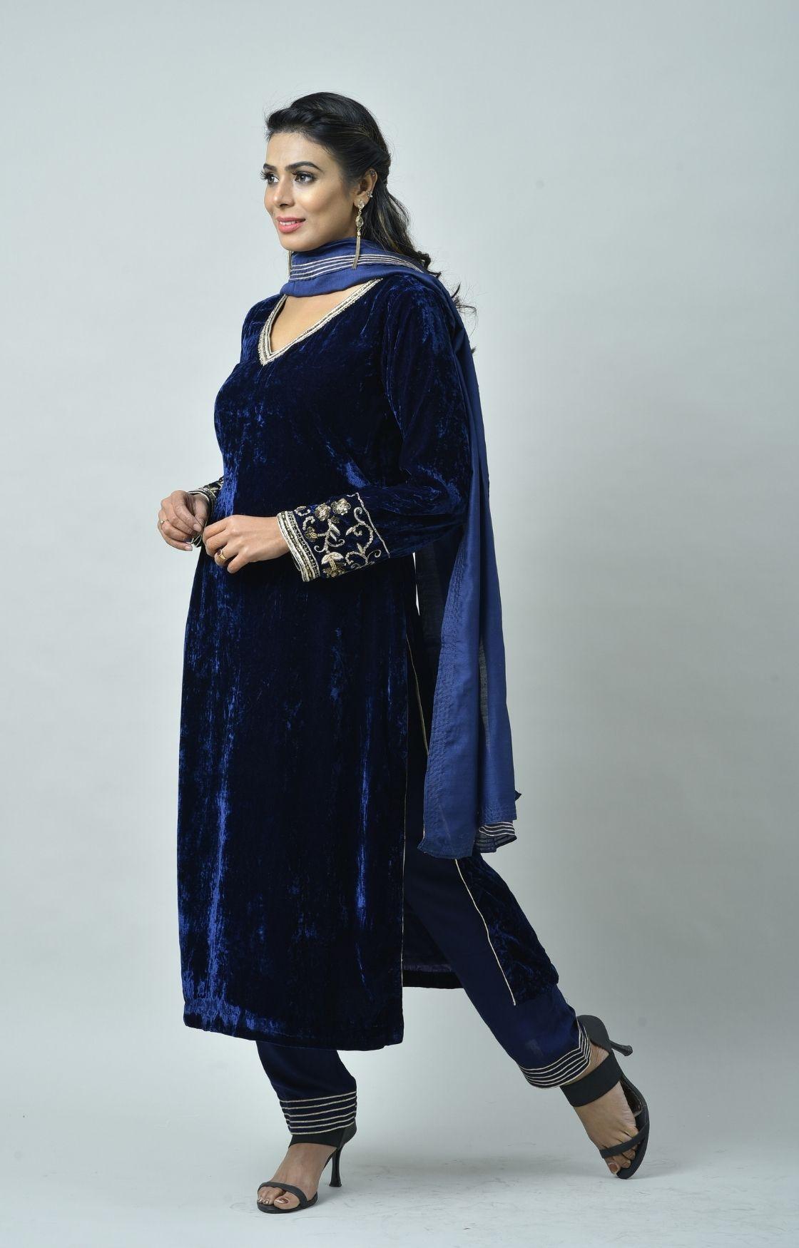 Navy Blue Embroidered Velvet Kurta Set  of 3