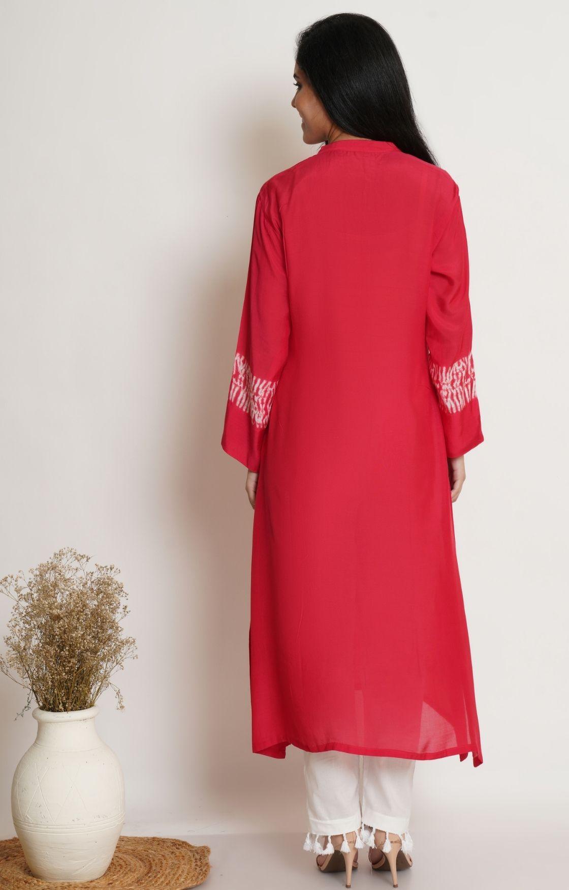 Red Shibori Yoke Kurta Set