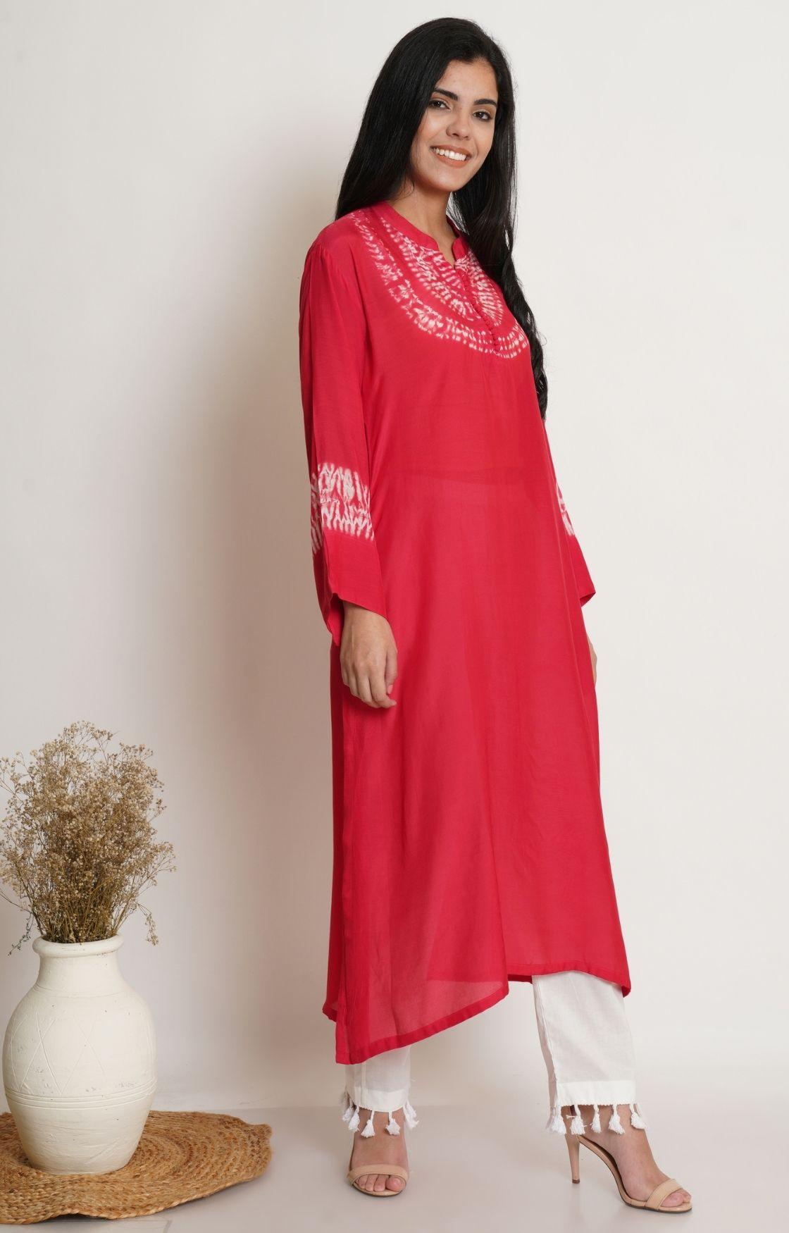 Red Shibori Yoke Kurta Set