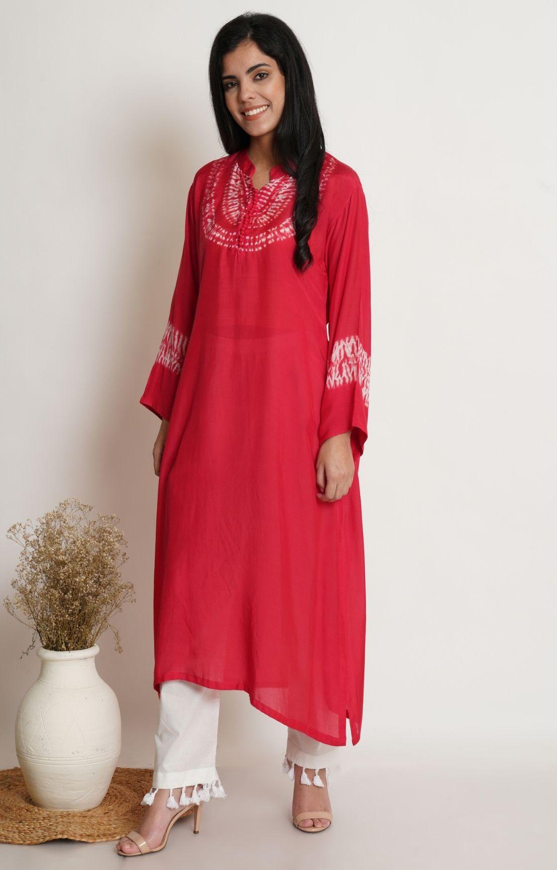Red Shibori Yoke Kurta Set
