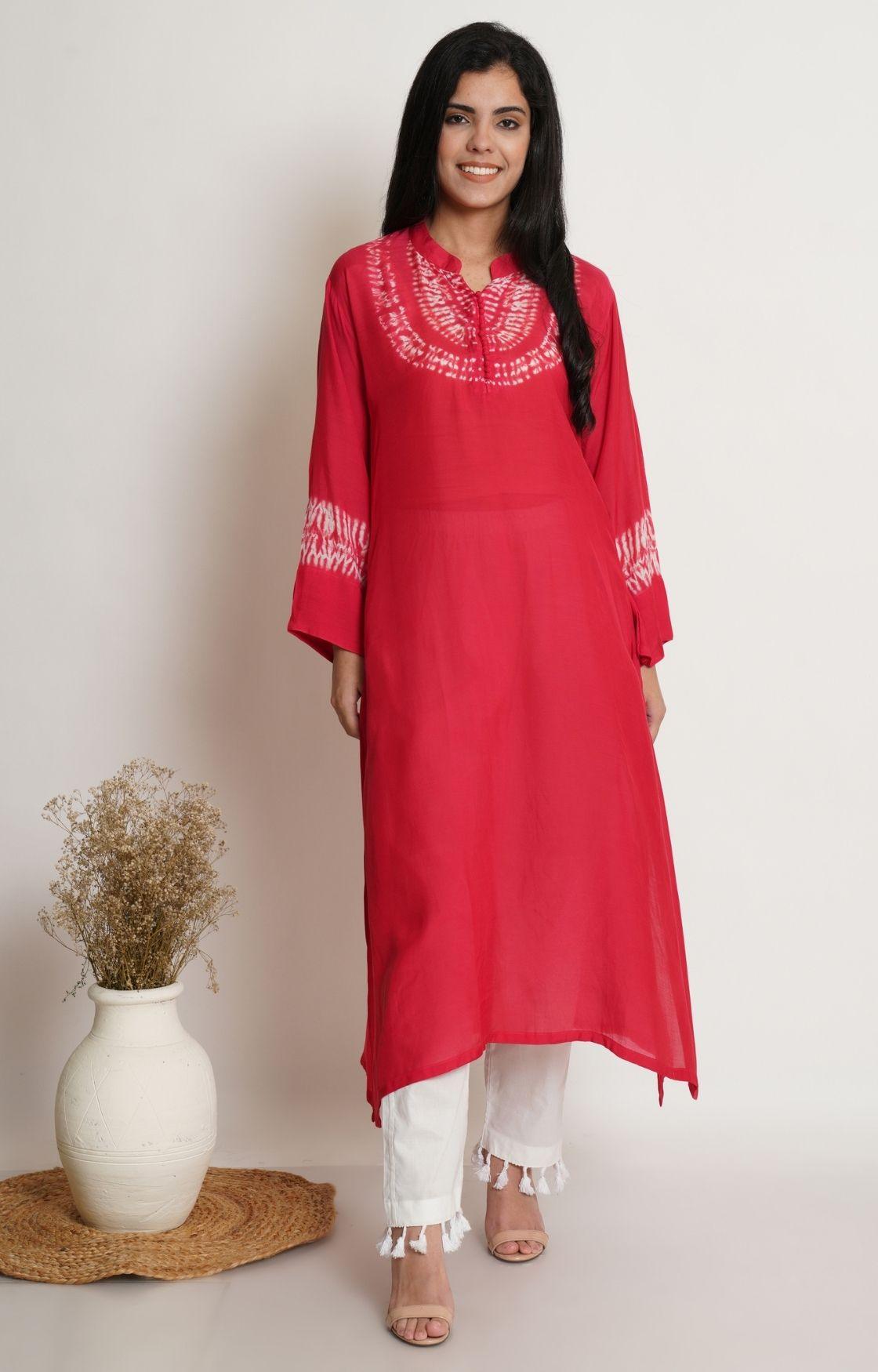 Red Shibori Yoke Kurta Set