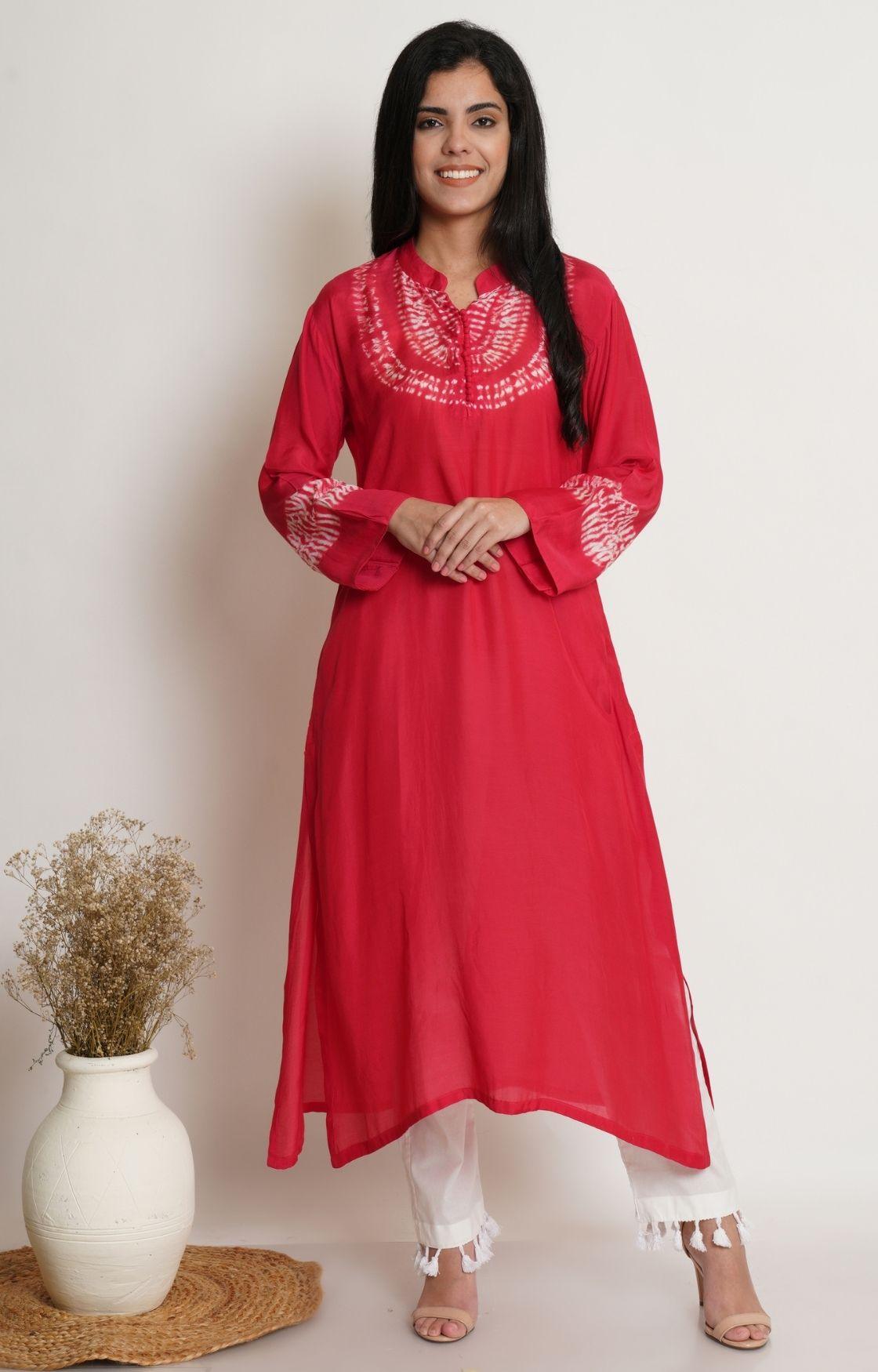Red Shibori Yoke Kurta Set