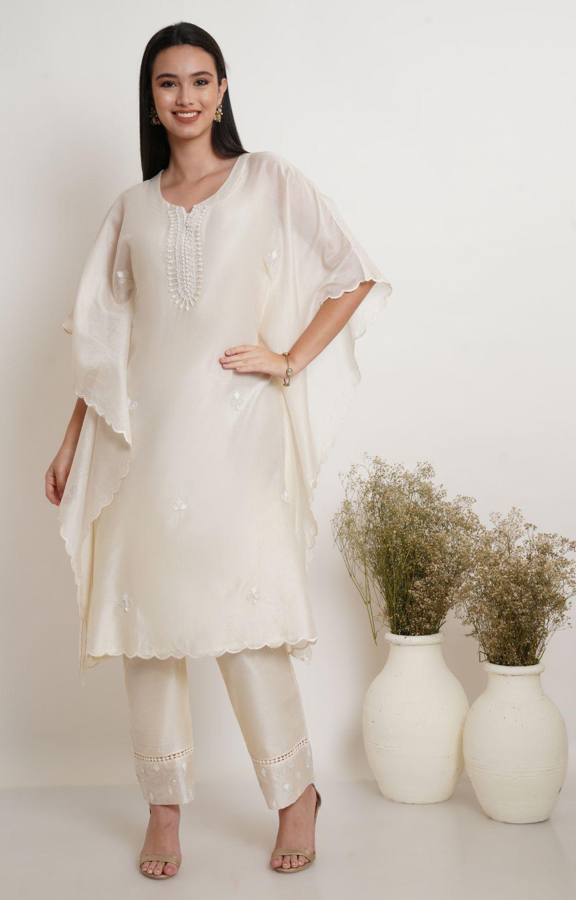Off White Tonal Embroidery Kaftan Set