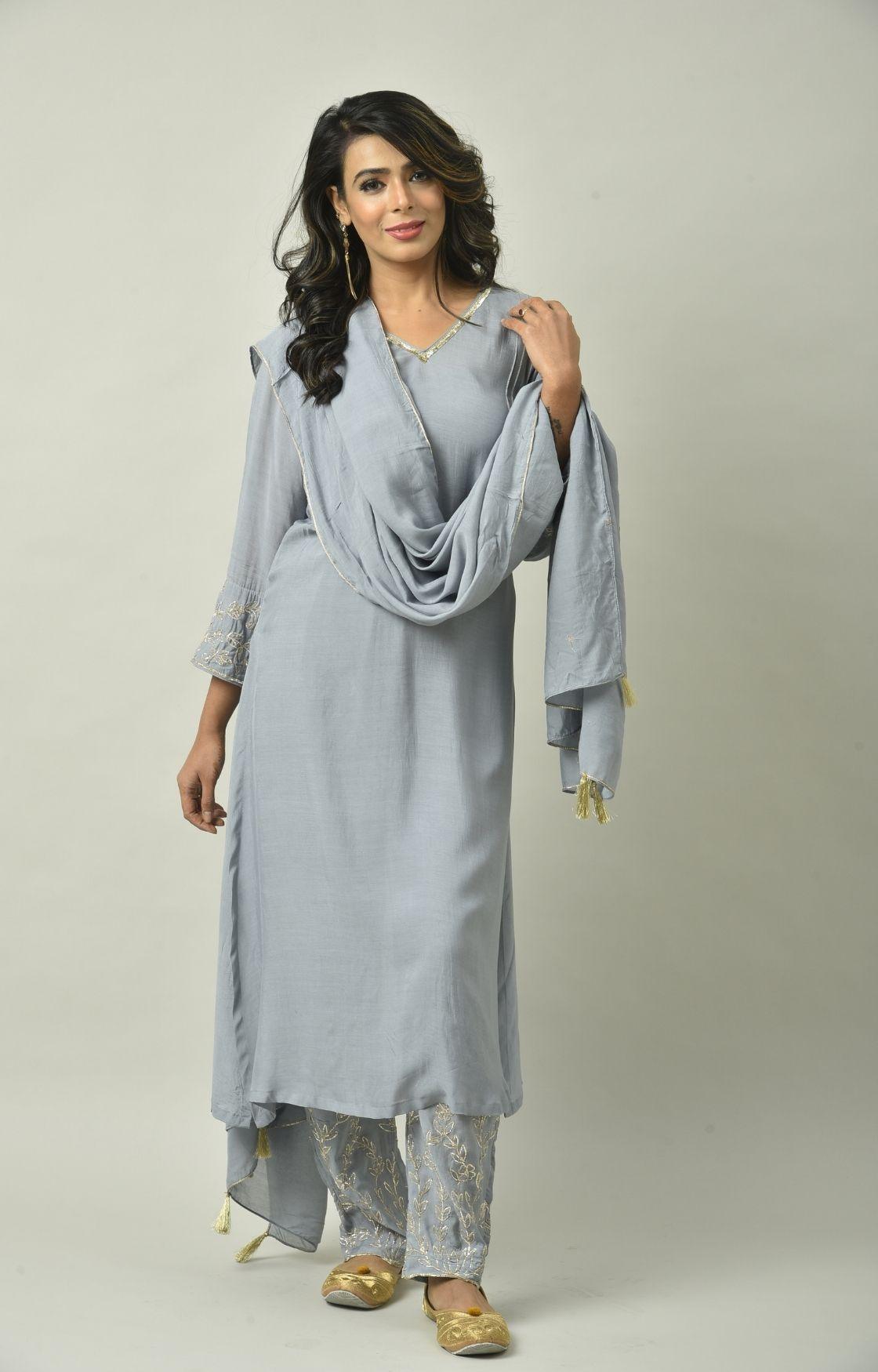 Grey Naksi Hand Embroidery Kurta Set