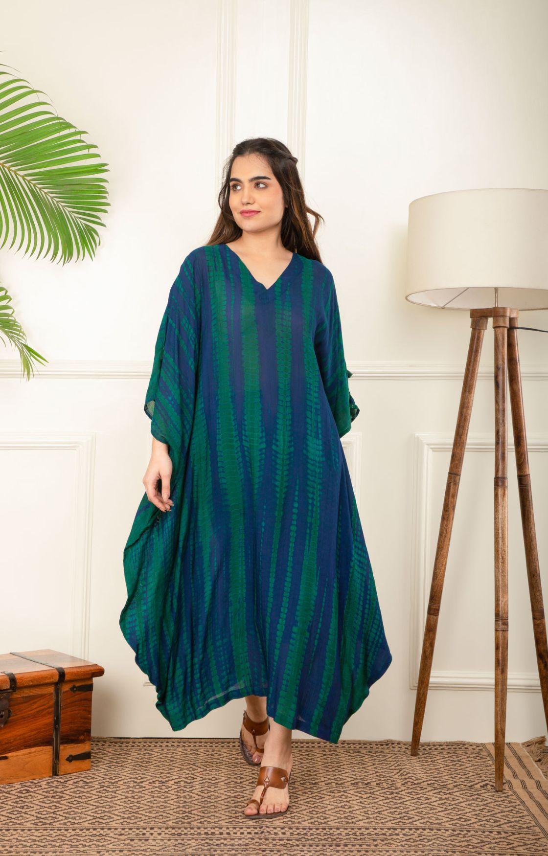 Blue And Green Rope Tie Dye Cowl Kaftan