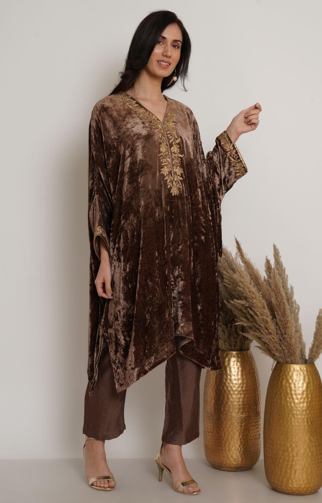Beige Gold Velvet Embroidered Kaftan Set  of 2