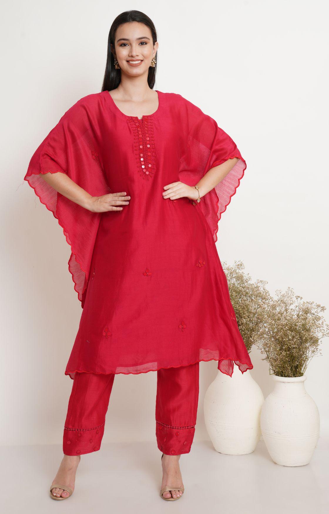 Red Tonal Embroidery Kaftan Set