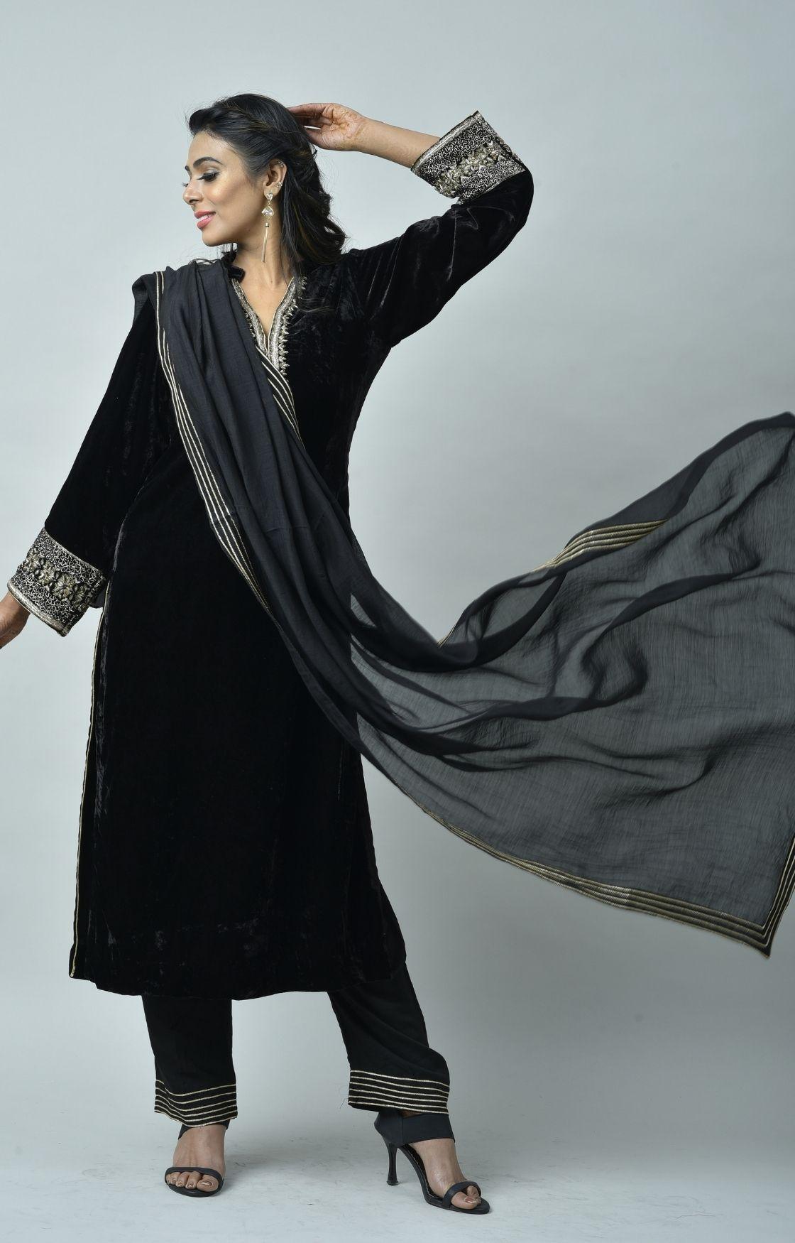Black Velvet Kurta Set of 3