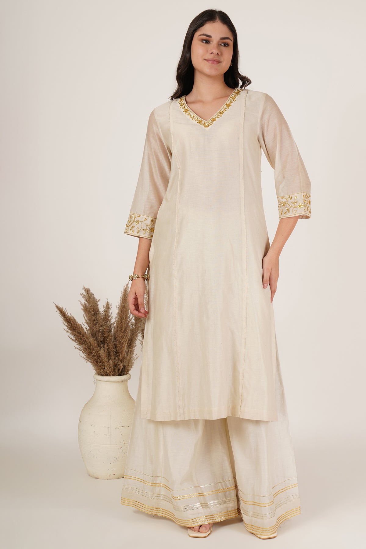 White chanderi kurta,sharara Set of 3