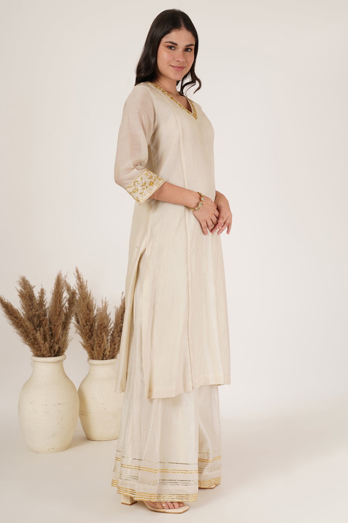 White chanderi kurta,sharara Set of 3